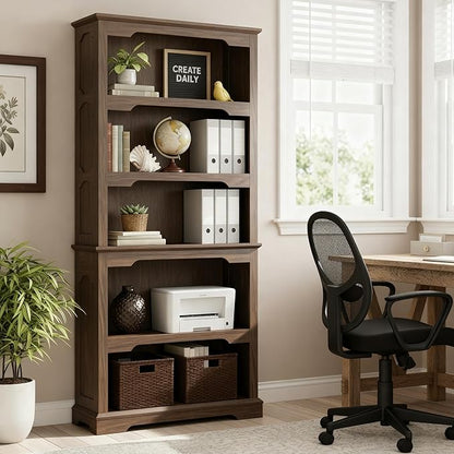 70 Inch Farmhouse Bookcase, Walnut Two-Tone Shelves, 5 Tier Bookshelf by Unknown
