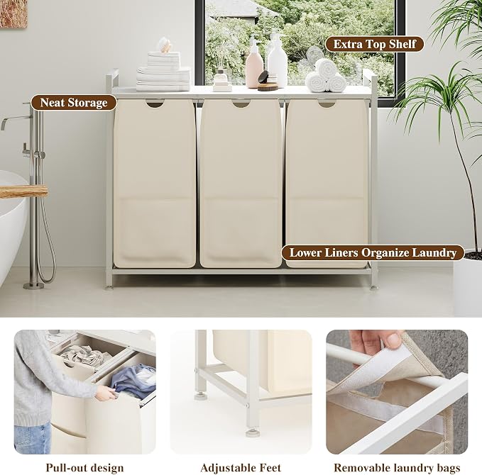 3-Section Laundry Hamper with Shelf, Pull-Out Removable 12.8 gal Bags, Metal - Image 6