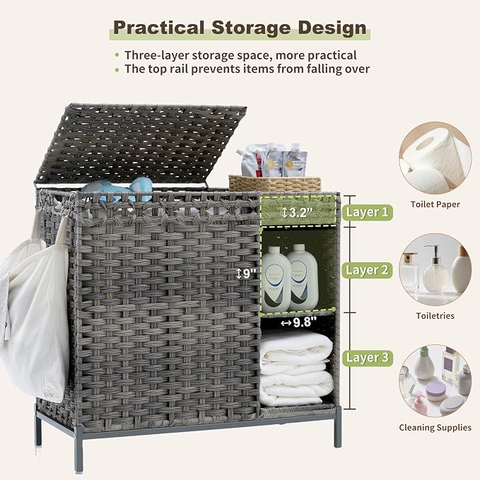 Laundry Hamper with Lid, 110L Rattan Laundry Hamper 2 Section with 50L Storage - Image 5