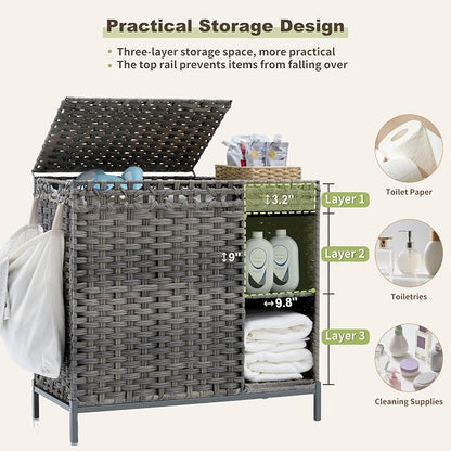 Laundry Hamper with Lid, 110L Rattan Laundry Hamper 2 Section with 50L Storage - Image 5