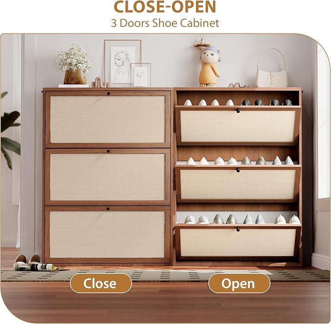 Rattan Shoe Cabinet with 3 Flip Drawers, Simple Setup Hidden Shoe Rack - Image 3