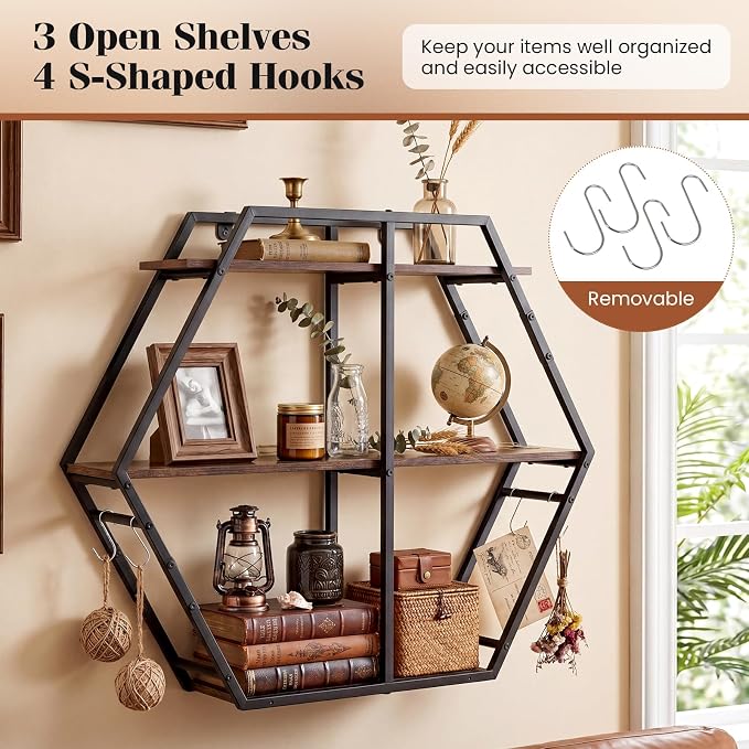 Tangkula Hexagon Wall Shelf, 3-Tier Geometric Bookcase - Image 7