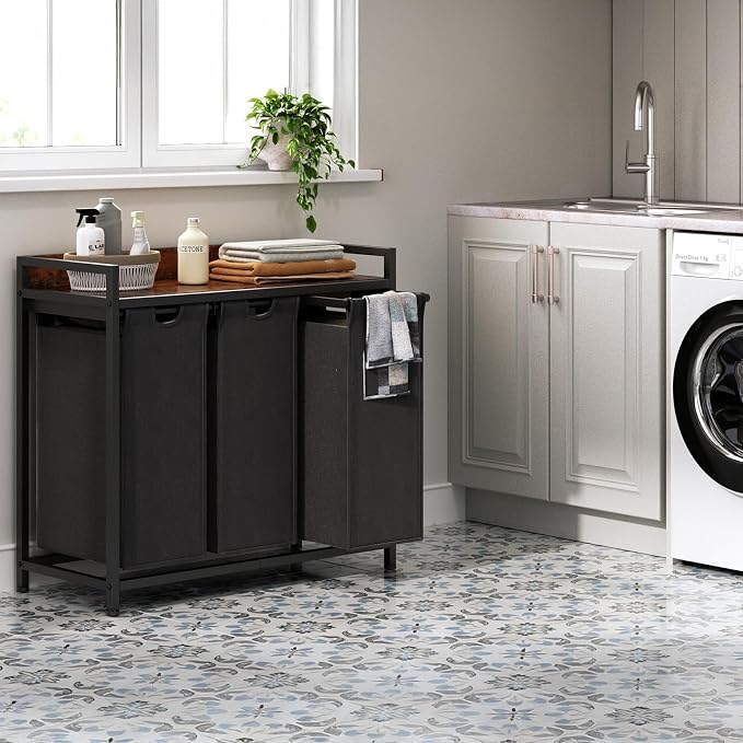 Laundry Hamper with Shelf, Laundry Basket 3 Section, Laundry Sorter with - Image 2