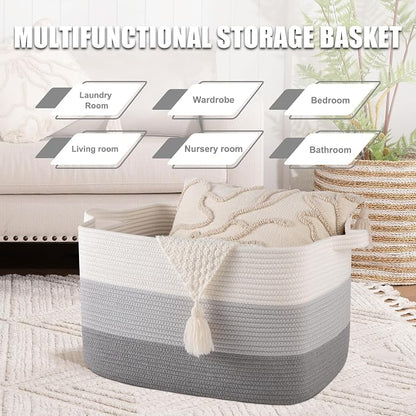 65L Large Storage Basket, Cotton Rope Woven Blanket Basket, Toy Storage - Image 4