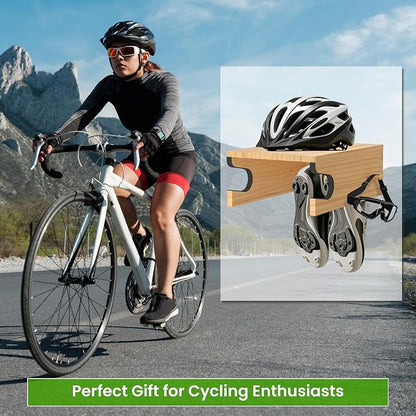 Wooden Bike Wall Mount w/Shelf & Hooks, Road Bike Storage Decor | Solid Wood - Image 9