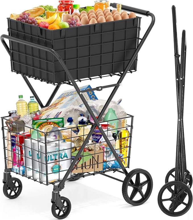  2-Tier Large Collapsible Grocery Cart On Wheels 400lbs Shopping Cart | by RXUJYC