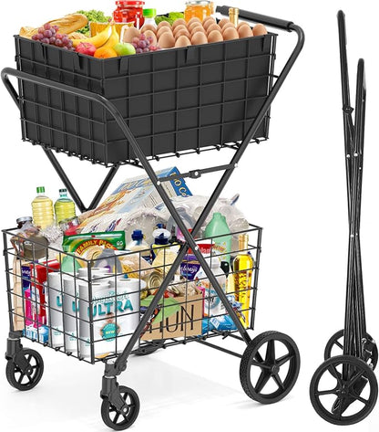  2-Tier Large Collapsible Grocery Cart On Wheels 400lbs Shopping Cart | by RXUJYC