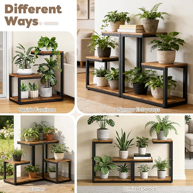 3 Tier Plant Stand Indoor, Thickened Metal Wood Corner Plant Shelf Stands - Image 8