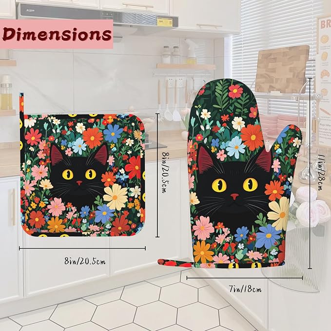 Funny Black Cat Heat-Resistant Silicone Oven Mitts and Pot Holders 4 Piece Set - Image 2