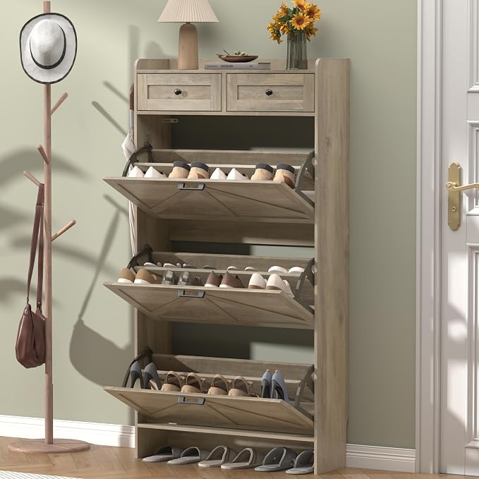 Thacuok Shoe Cabinet with 3 Flip Drawers & 2 Storage Drawers, Rustic Farmhouse - Image 3