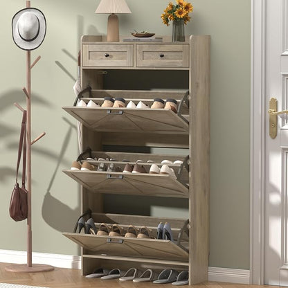 Thacuok Shoe Cabinet with 3 Flip Drawers & 2 Storage Drawers, Rustic Farmhouse - Image 3