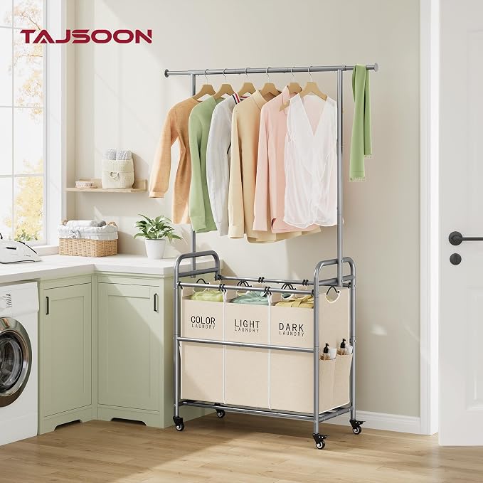 Tajsoon Laundry Hamper with Hanging Rack, 3 Section Laundry Sorter with Heavy - Image 2