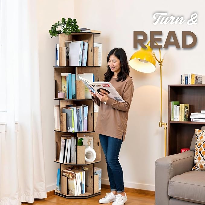 Vigo Wood 5 Tier Rotating Bookshelf Tower - Image 3