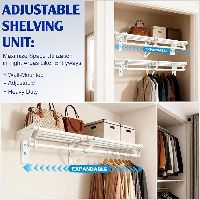 Closet Shelf with Hanging Rod, 28-48'' Expandable Closet Rod with Shelf | Wall - Image 2