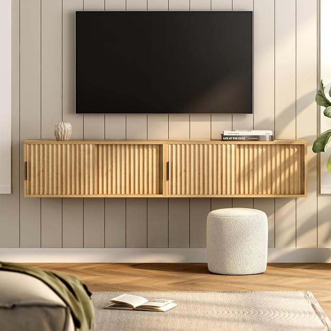 Fluted Wall Cabinet with Sliding Doors, Modern Large Floating Nightstand - Image 4