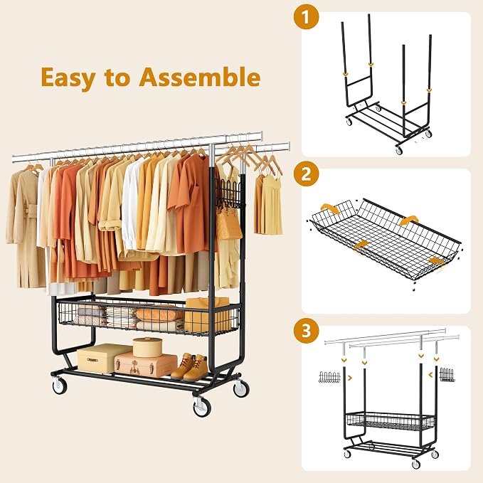Heavy Duty Clothes Rack with Metal Basket, 720 LBS Rolling Double Rod Garment - Image 6