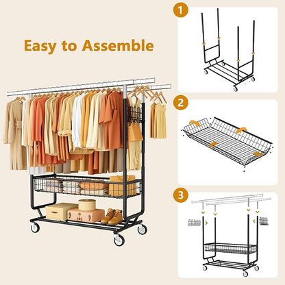 Heavy Duty Clothes Rack with Metal Basket, 720 LBS Rolling Double Rod Garment - Image 6