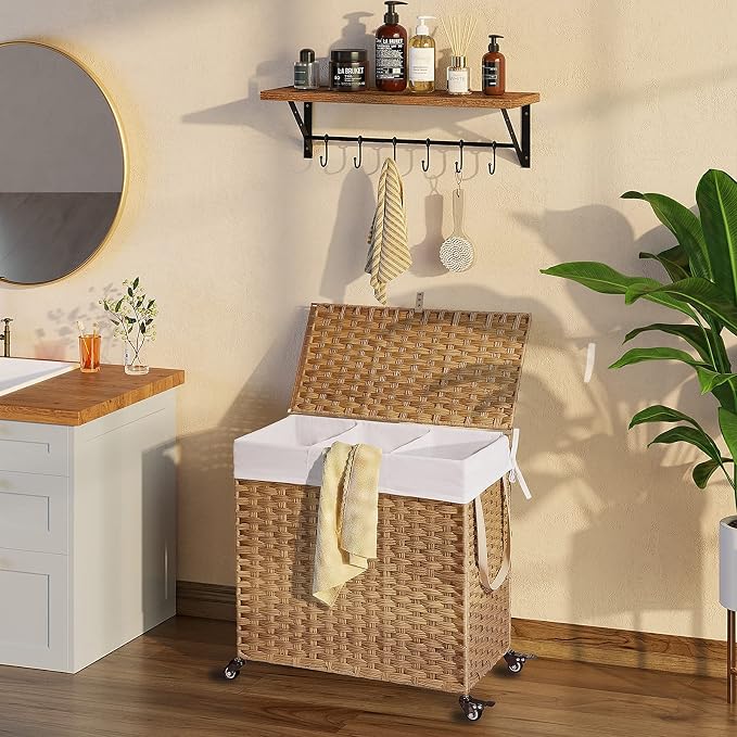 Greenstell Laundry Hamper with Wheels&Lid, 130L Large 3 Sections Clothes Hamper - Image 2