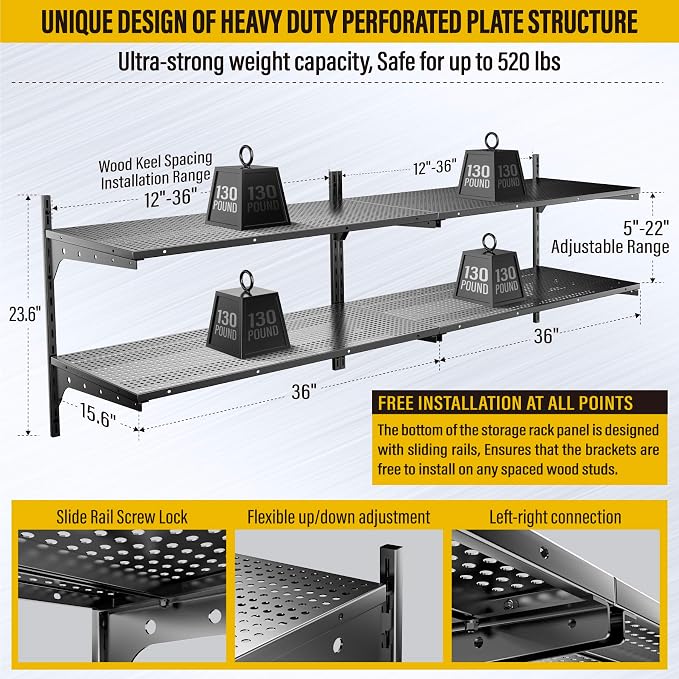 2-Pack×2 Tier 1.3x3ft Garage Shelving Wall Mounted, 15.6x36inch per Shelf - Image 3