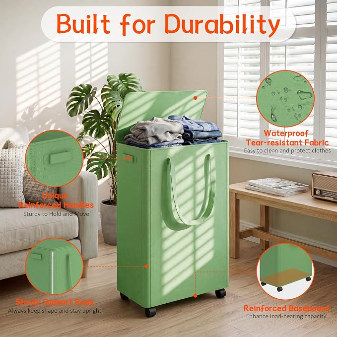 Slim Laundry Hamper with Wheels, 15 Gal Rolling Laundry Basket with lid and - Image 3