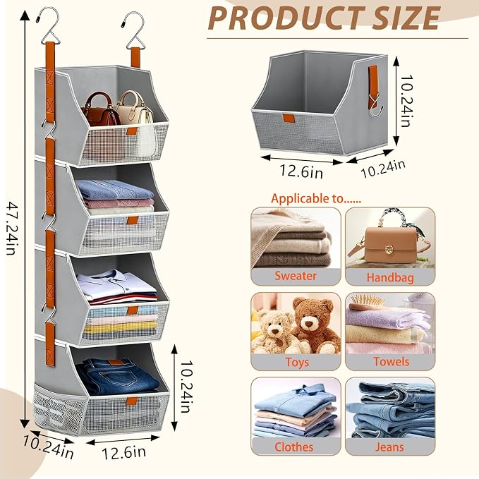Fabric 4 Tier Hanging Closet Organizers Heavy Duty Shelf Hanging Storage Towel - Image 2