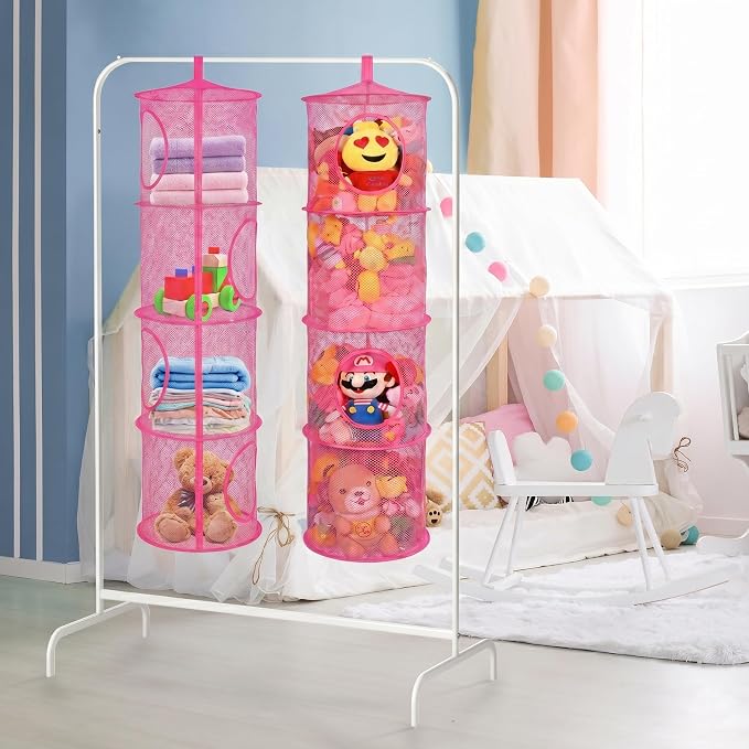 Hanging Stuffed Animal Storage Hammock Net 4 Tiers, Hot Pink | Hanging Mesh - Image 2
