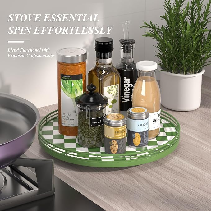Premium Rubber Wood Lazy Susan Turntable, Hand-Welded Metal Railing, Stable - Image 2