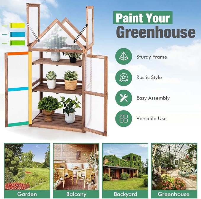 Giantex 3-Tier Garden Cold Frame, Portable Wooden Mini Greenhouse Storage - Image 8