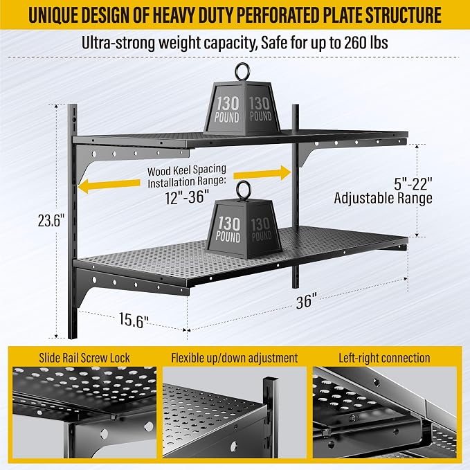 2 Tier 1.3x3ft Garage Shelving Wall Mounted, 15.6x36inch per Shelf Height - Image 3