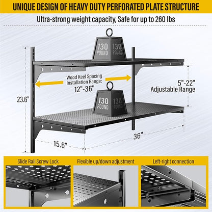 2 Tier 1.3x3ft Garage Shelving Wall Mounted, 15.6x36inch per Shelf Height - Image 3