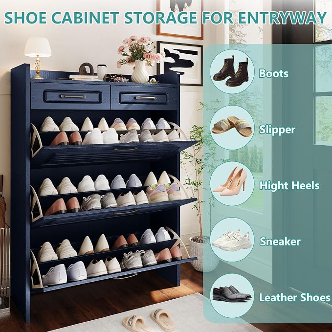 Shoe Cabinet with 3 Large Flip Drawers and 2 Storage Drawers, Narrow Shoe - Image 5