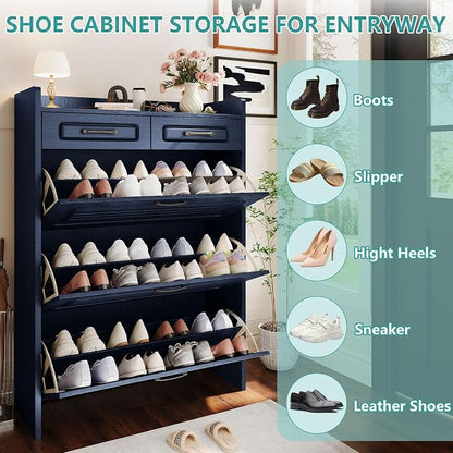 Shoe Cabinet with 3 Large Flip Drawers and 2 Storage Drawers, Narrow Shoe - Image 5