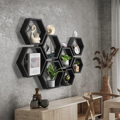 CADUKE Hexagon Floating Shelves Set of 8, Hanging Shelf Storage Racks, Living - Image 2