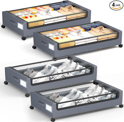 Under Bed Storage with Wheels, Square Under Bed Storage Containers, 4 Pack by YEEBONIX-UnderBedStorage