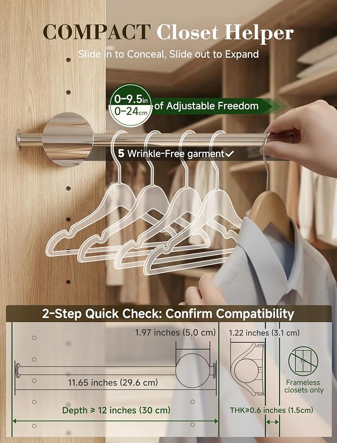INMAKER Valet Rod for Closet Slide out | Pull out to 9.5" Hanger Rod for ≥12" - Image 4
