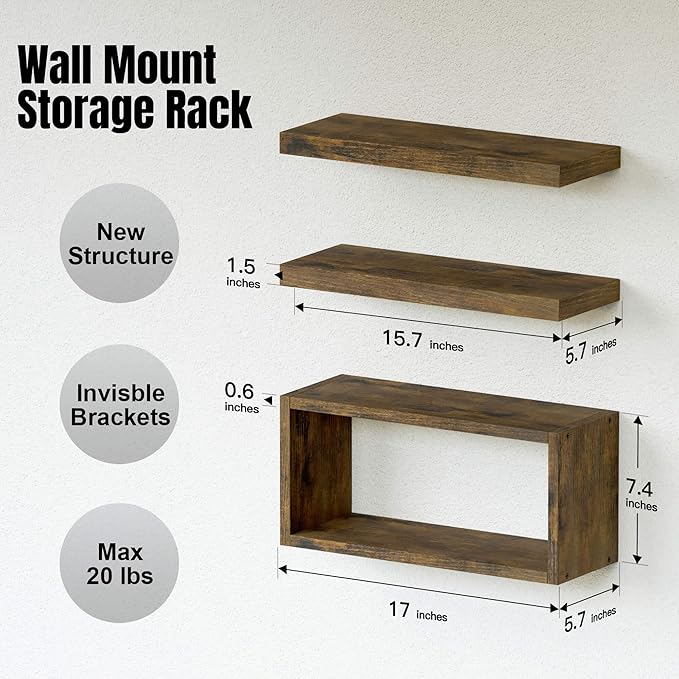 RICHER HOUSE 3-Set Brown Floating Wall Shelves, Bathroom Shelf Over Toilet | - Image 2