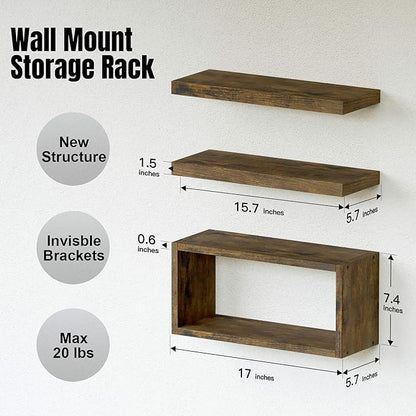 RICHER HOUSE 3-Set Brown Floating Wall Shelves, Bathroom Shelf Over Toilet | - Image 2