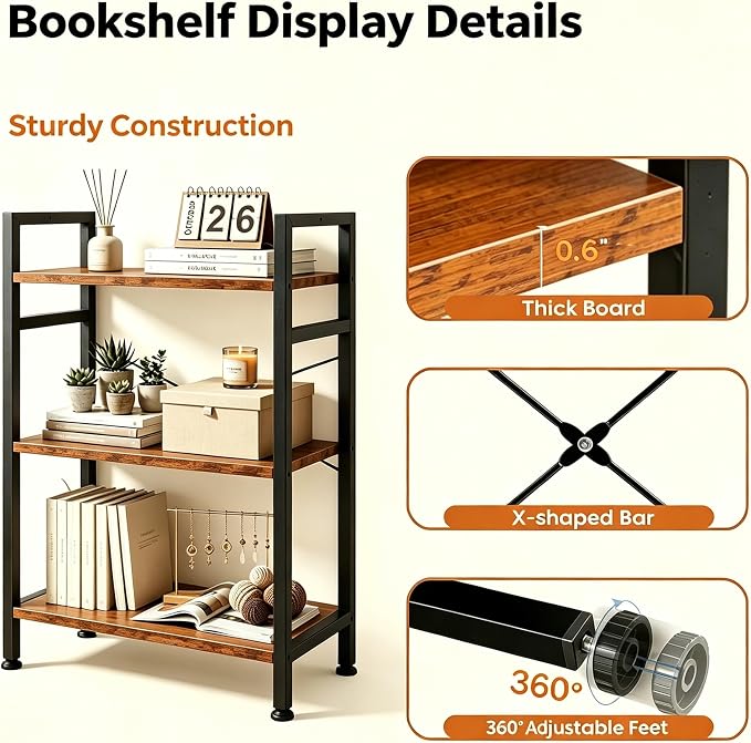 HealSmart 3 Tier Bookshelf, Free Standing Book Shelf Home Office Bookcase Shelf - Image 5