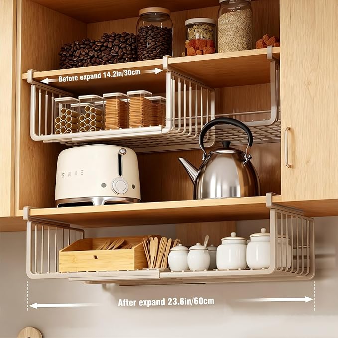 JIABEIUS 2 Pack Under Shelf Storage Basket, Extendable Under Cabinet Organizer - Image 6