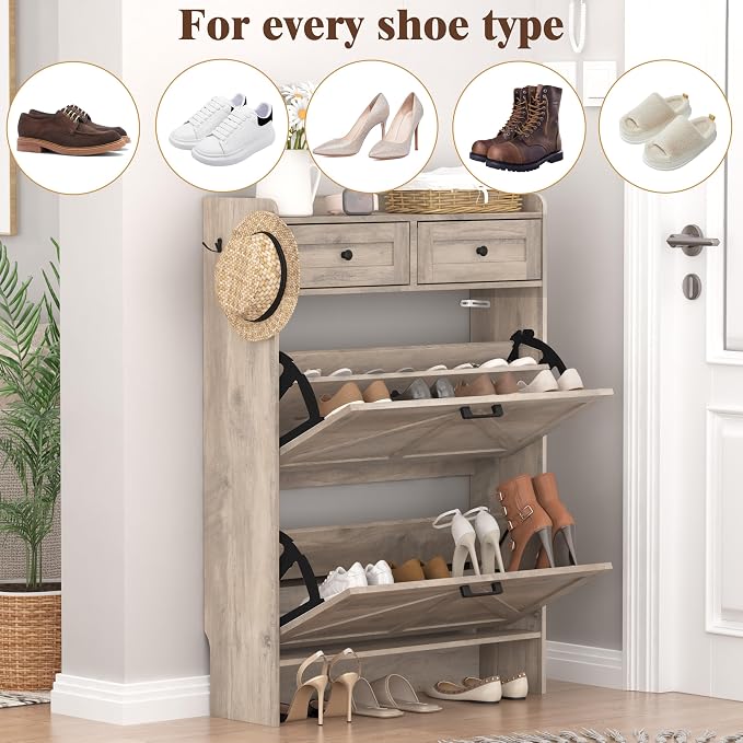 Thacuok Shoe Cabinet with 2 Flip Drawers & 2 Storage Drawers, Rustic Farmhouse - Image 8