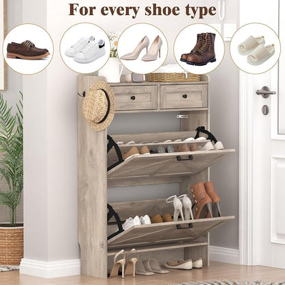 Thacuok Shoe Cabinet with 2 Flip Drawers & 2 Storage Drawers, Rustic Farmhouse - Image 8