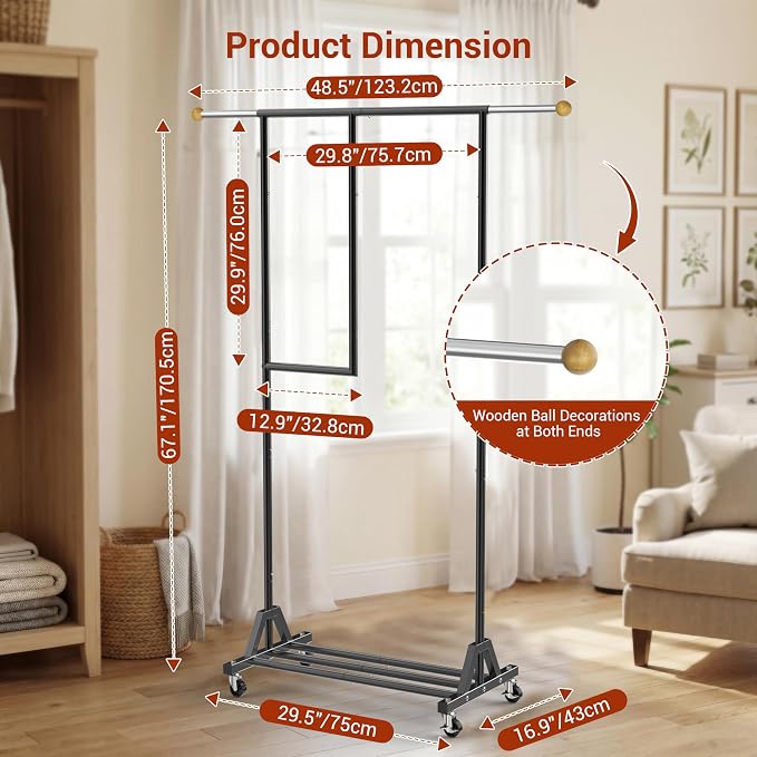 Rolling Clothing Rack with Bottom Storage Shelf & lockable Casters, Dresses - Image 3