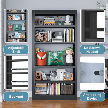 Bookcase, 5-Shelf Industrial Bookshelf, Large Storage Space, Adjustable - Image 4