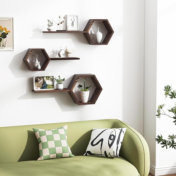 Wooden Hexagon Floating Shelves Wall Mounted, Rustic Honeycomb Shelves - Image 5