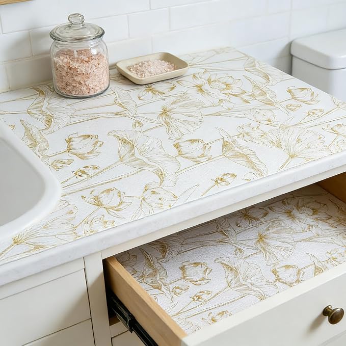 Shelf Liners Non Adhesive Light Base Gold Lotus Pattern - Image 5