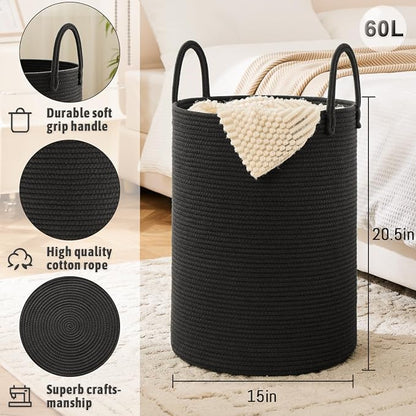 Laundry Basket, Woven Cotton Rope Laundry Hamper, 60L - Image 6