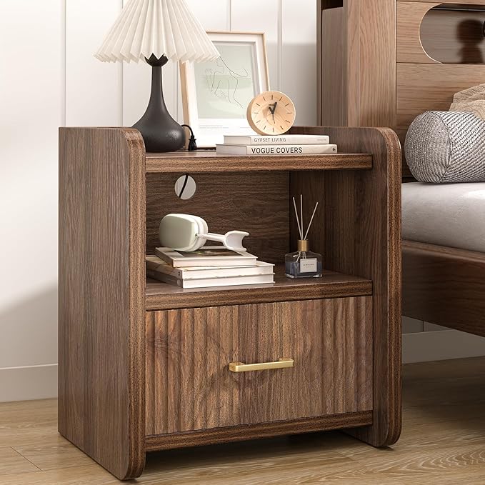 Night Stand with Charger Station, Fluted Wood Nightstand with Drawer Storage by Curlaky