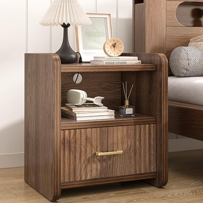 Night Stand with Charger Station, Fluted Wood Nightstand with Drawer Storage by Curlaky