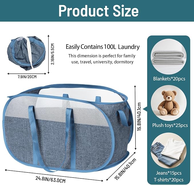100L Collapsible Laundry Baskets, Tear Proof Pop Up Laundry Hamper - Image 4
