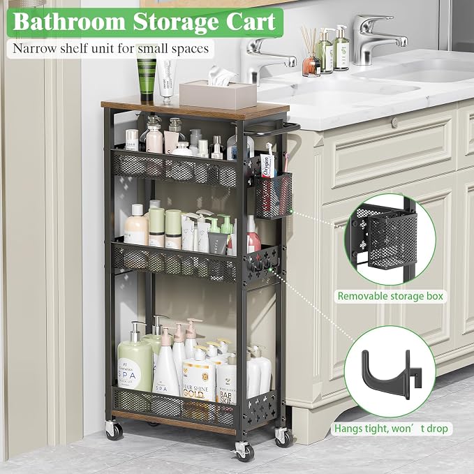 4 Tier Slim Rolling Storage Cart, Laundry Room Cart on Wheels, Small Metal - Image 5